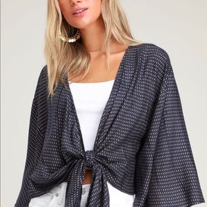 Undeniable Navy Blue and Gold Print Tie-Front Top